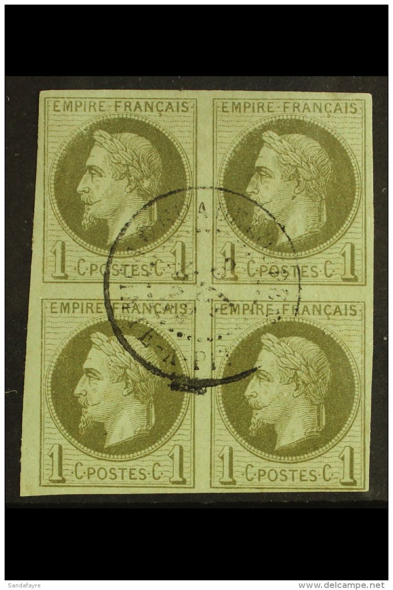 GUADELOUPE 1872 1c Olive Green, Napoleon III, Yv 7, Block Of 4 With Central "Guadaloupe 3 AOUT 72 Pointe A Pitre"... - Autres & Non Classés