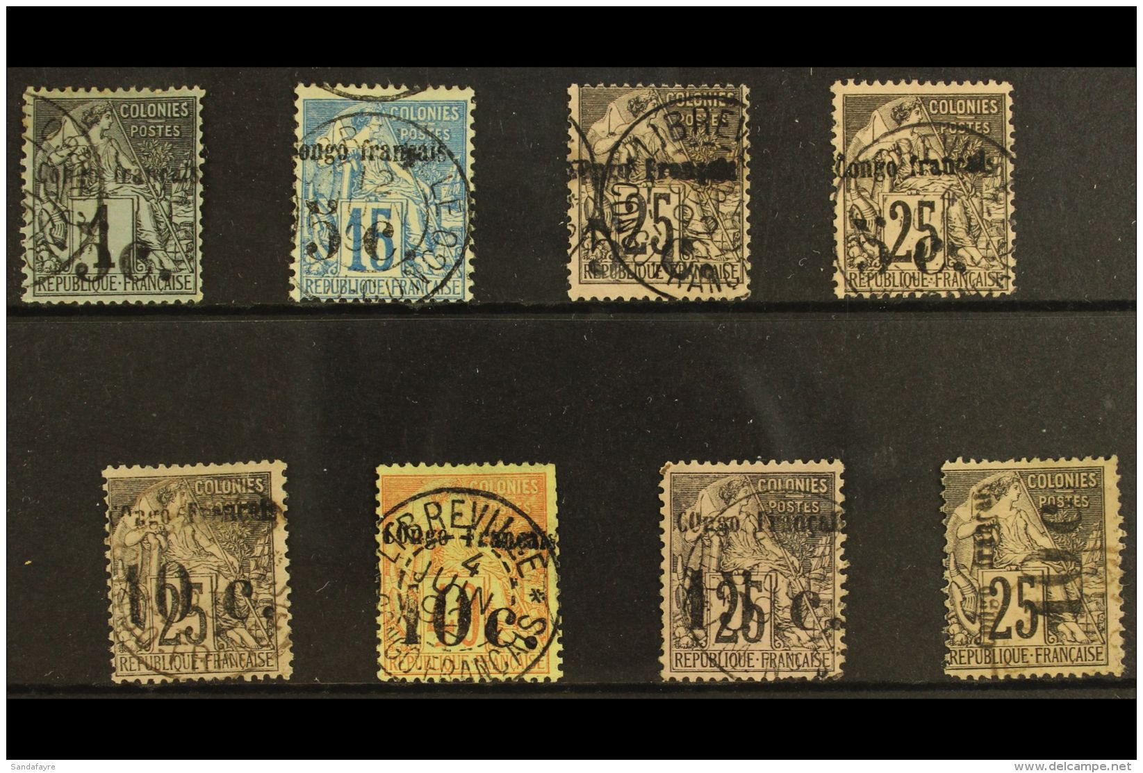 FRENCH CONGO 1891 FINE USED SURCHARGED SELECTION On A Stock Card. Includes 5c On 1c (Yv 1), 5c On 15c (Yv 2) &amp;... - Other & Unclassified