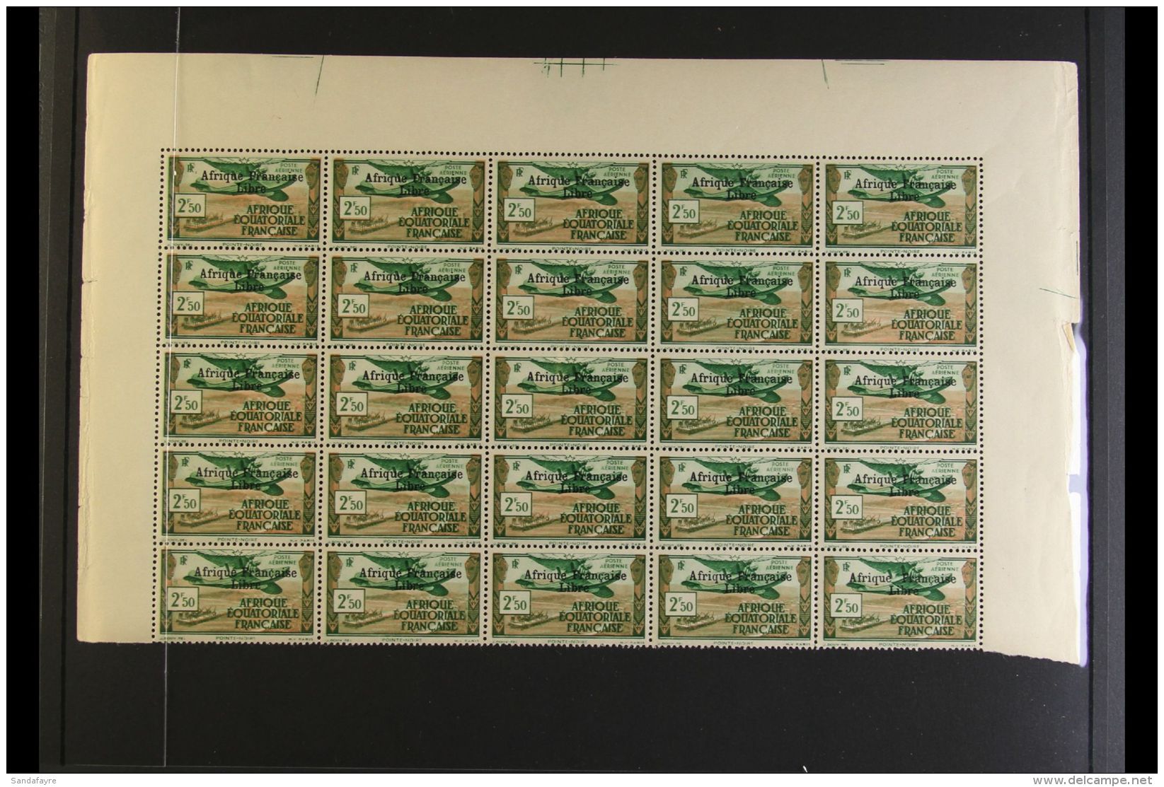 EQUATORIAL AFRICA 1940-41 AIR POST NHM LARGE MULTIPLES Of 25. Includes 2f50 Green &amp; Brown (Yv 15), 4f50 Red... - Other & Unclassified