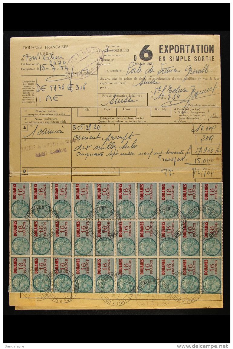 REVENUES DOUANES 1954 Complete Document Bearing 1952 4f (x15 Inc Block Of 14) &amp; 16f Block Of 30 Stamps With... - Autres & Non Classés