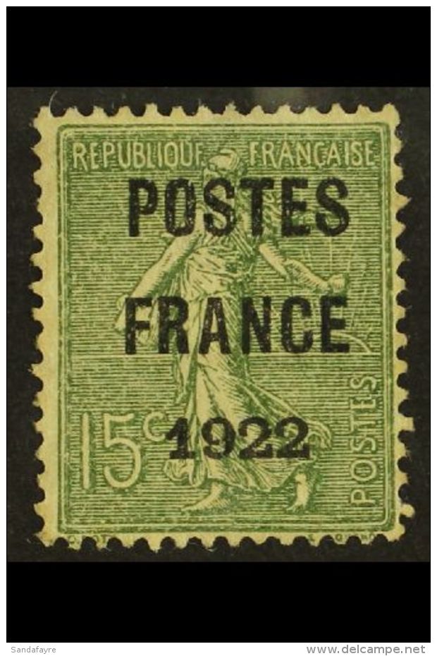 PREOBLITERES 1922 15c Olive With "POSTES / FRANCE / 1922" Precancel, Yvert 37, No Gum, Small Thin.  For More... - Other & Unclassified