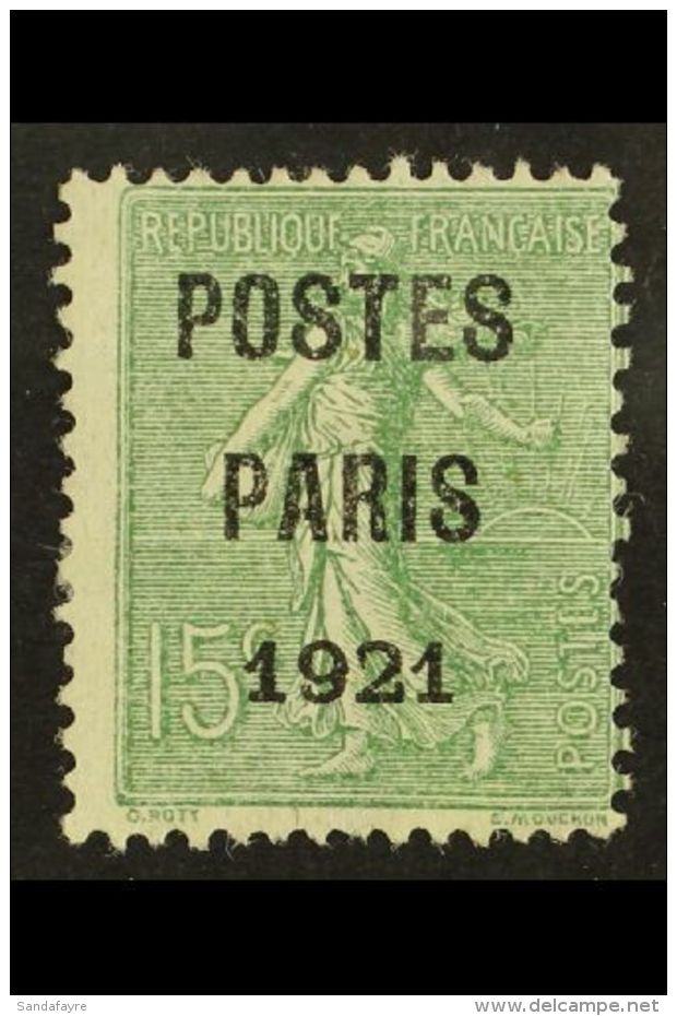 PREOBLITERES 1921 15c Green-olive With "POSTES / PARIS / 1921" Precancel, Yvert 28, Mint With Large Part Original... - Autres & Non Classés