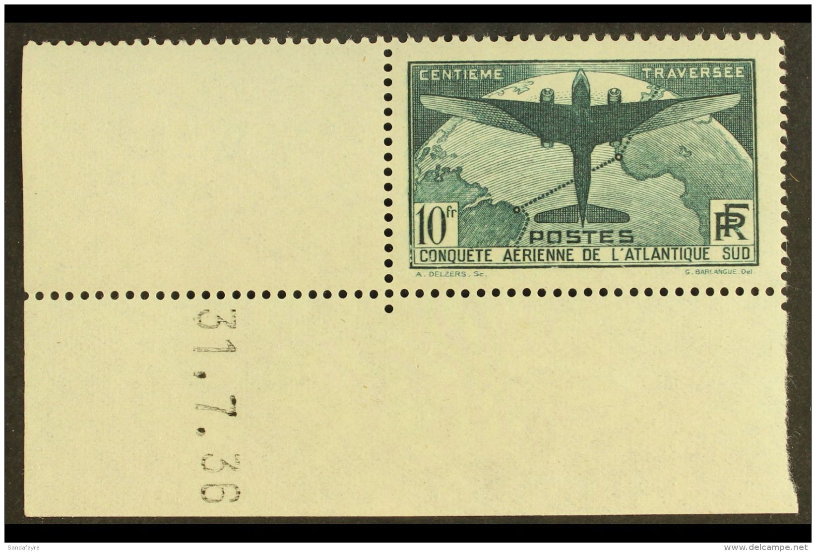 1936 10f Myrtle-green 100th Flight Between France &amp; South America (Yvert 321, SG 554), Very Fine Mint Lower... - Autres & Non Classés