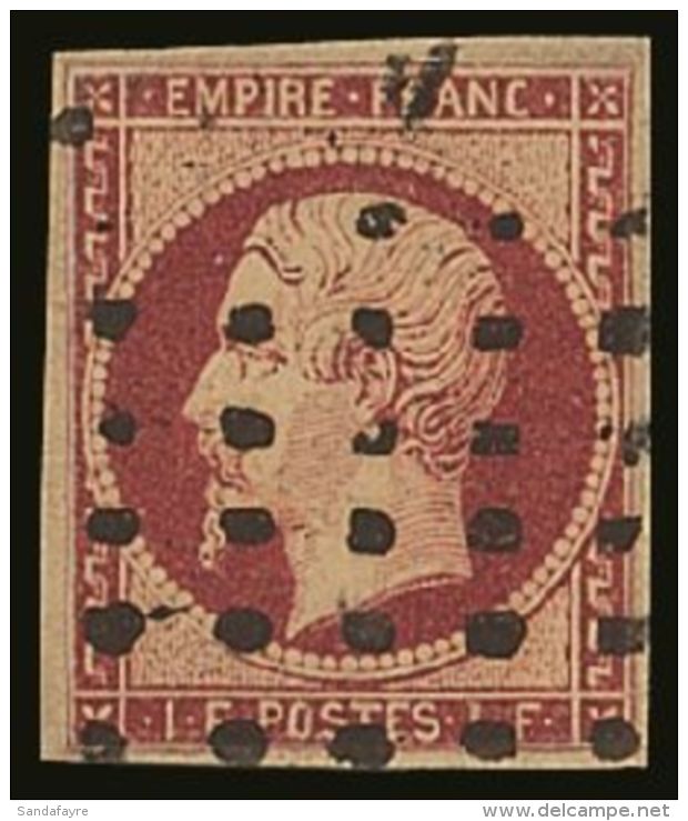 1853-61 1fr Carmine Napoleon, Yvert 18, Used, Extensively Repaired Although Attractive With Good Colour And Neat... - Autres & Non Classés