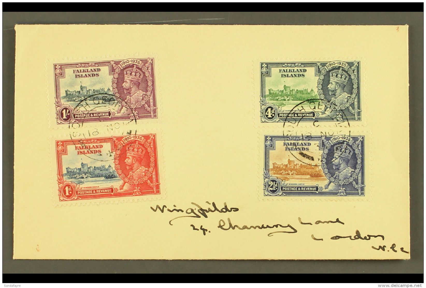 SOUTH GEORGIA 1935 Silver Jubilee Complete Set Of Falkland Islands, SG 139/142, Very Fine Used On Cover To London,... - Falkland