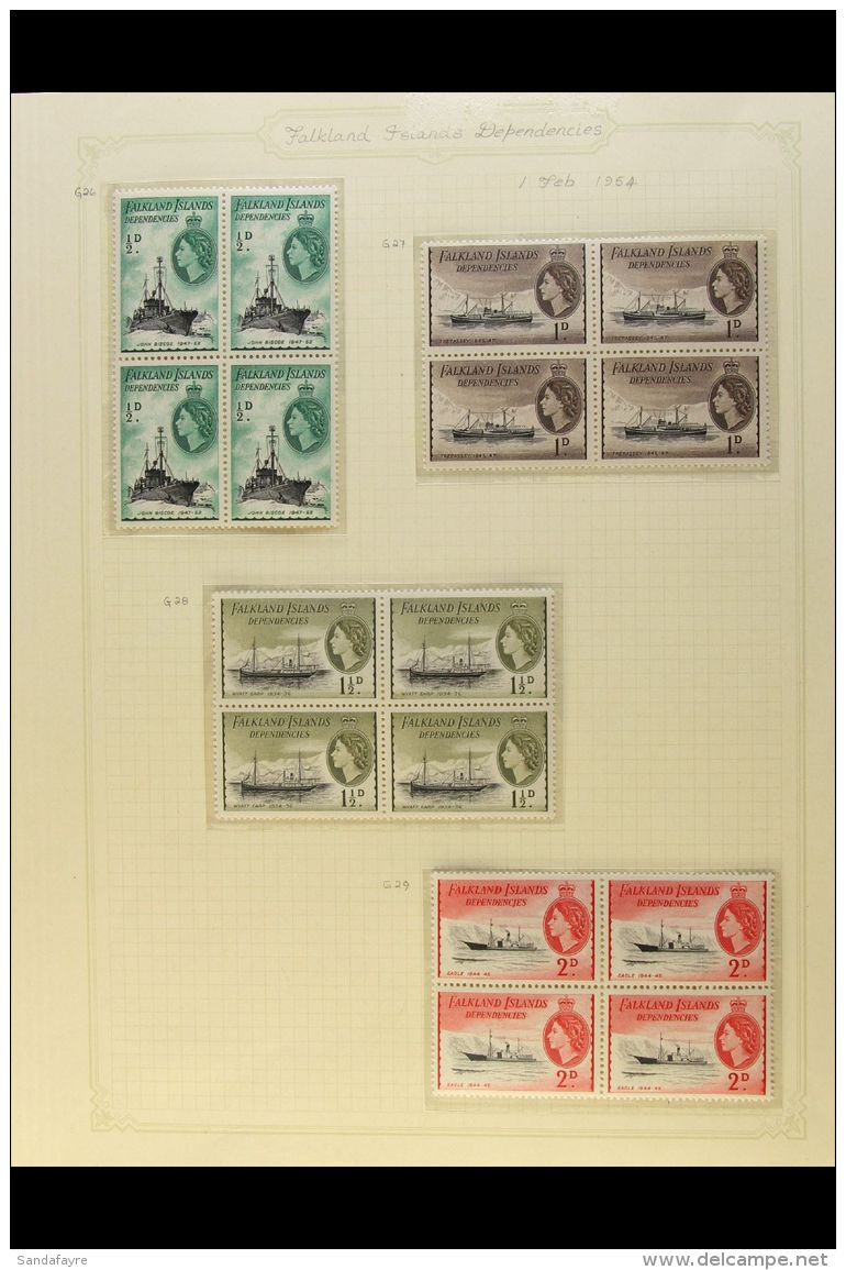 1954 QEII Set To 5s Complete In Blocks Of 4 With 10s And &pound;1 In Pairs, SG G26/40, Very Fine Never Hinged... - Falkland