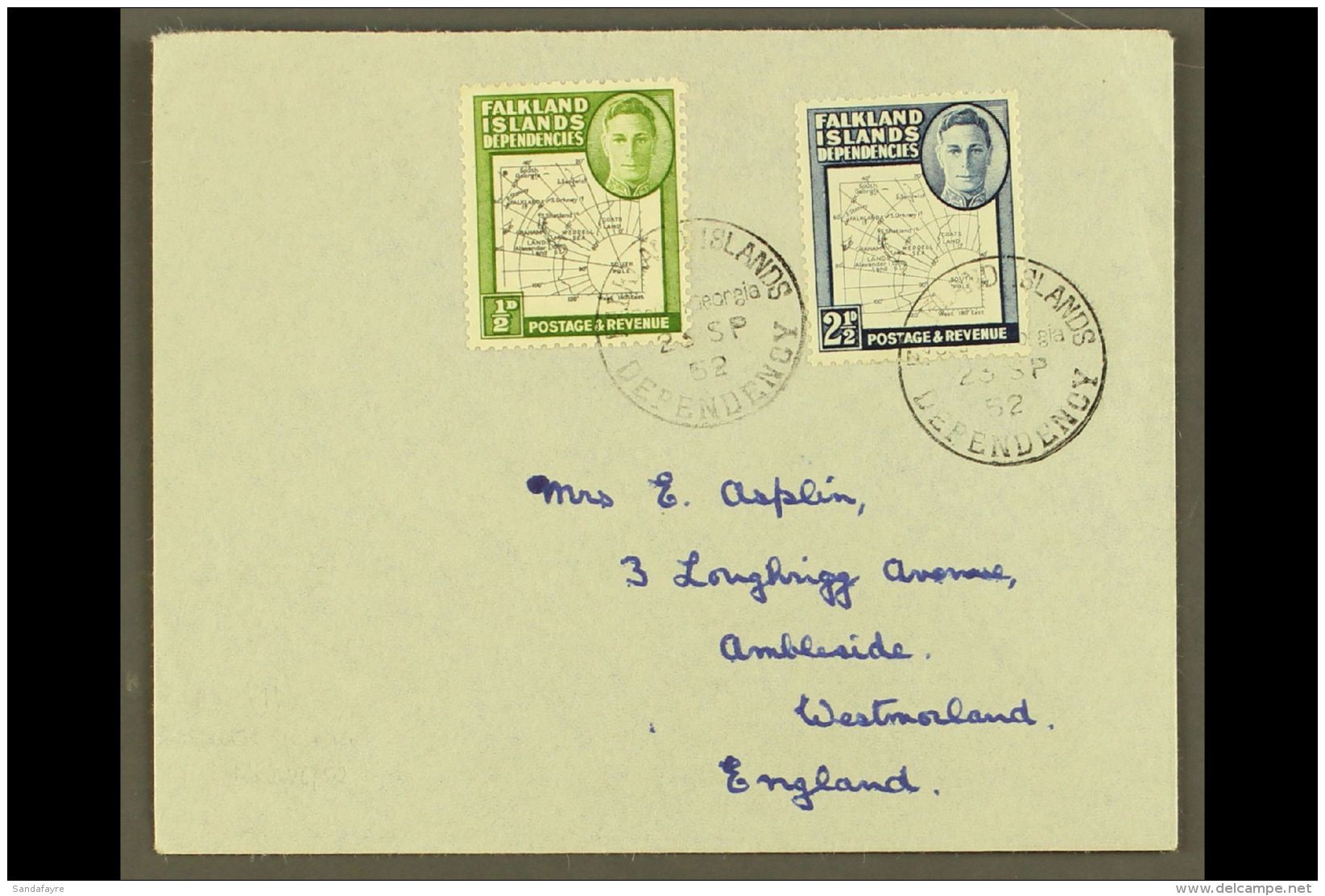 1952 UNLISTED VARIETY Cover To UK (no Backflap) Franked &frac12;d Coarse Map, Broken Arc SG G1a, With Thin Map... - Falkland Islands