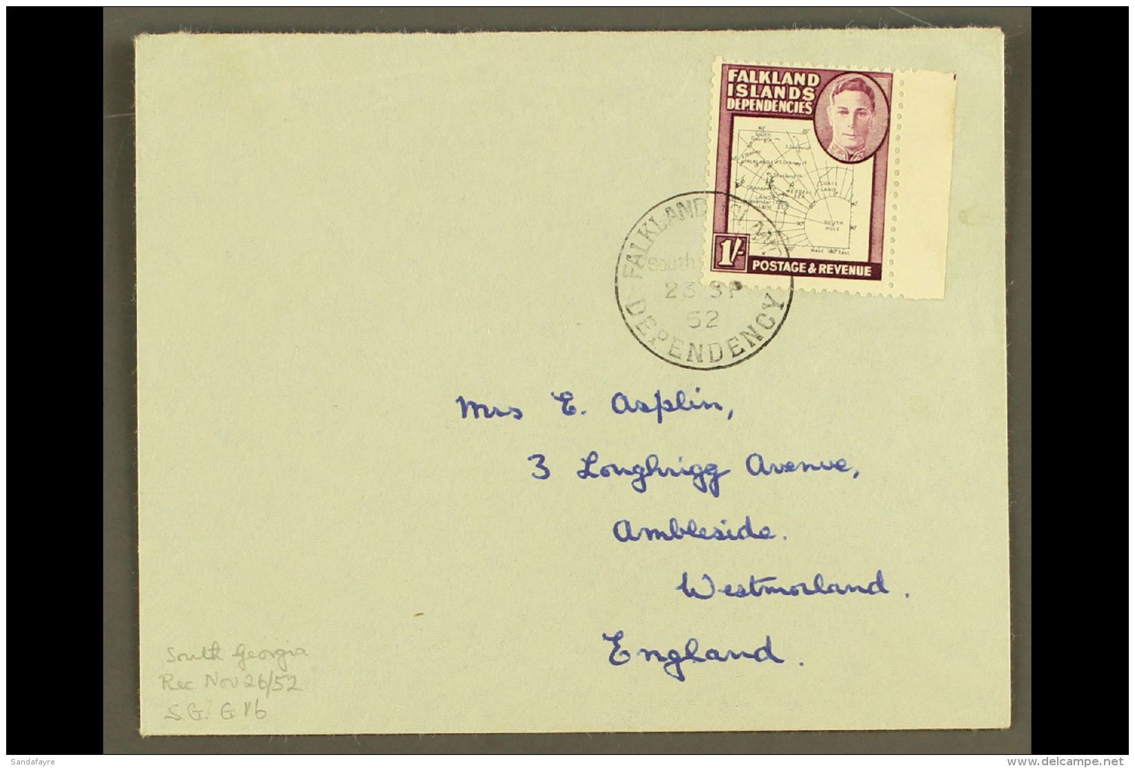 1952 1s Black And Purple, Thin Map, SG G16,  On Cover To UK (no Backflap). For More Images, Please Visit... - Islas Malvinas