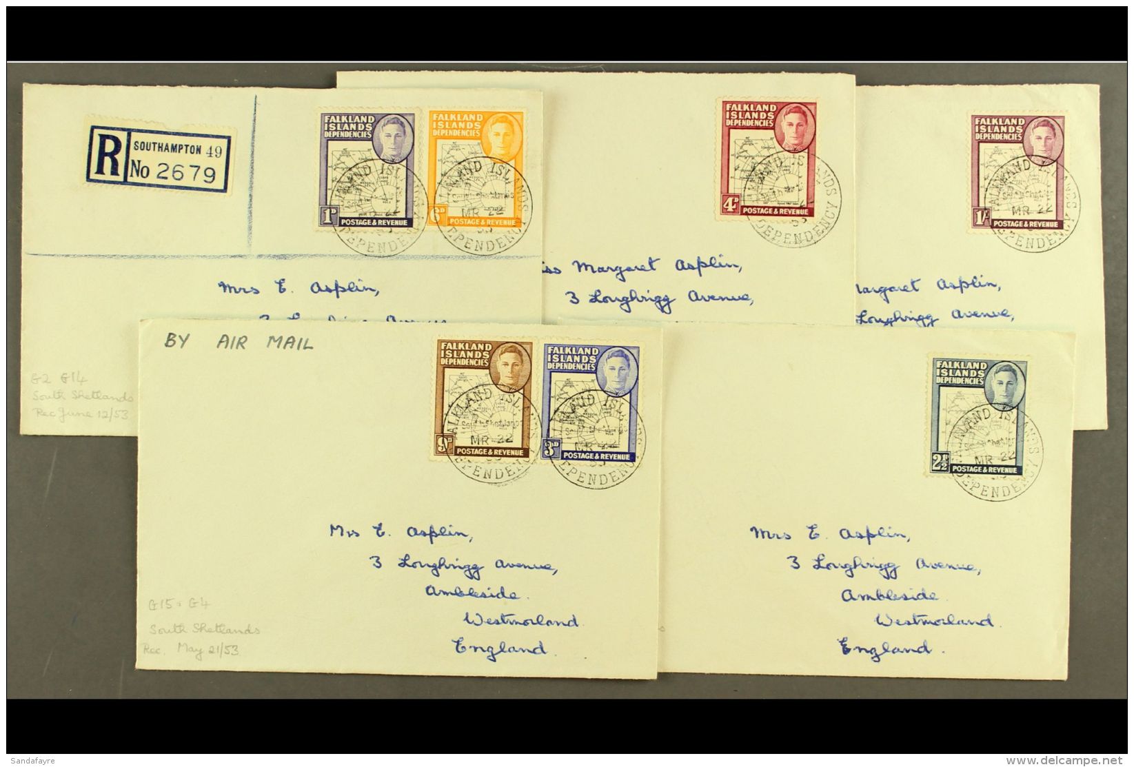 1952 - 1953 COVERS Selection Of Covers To UK (no Back Flaps) Franked With Range Of Clear And Coarse Map Values To... - Falkland