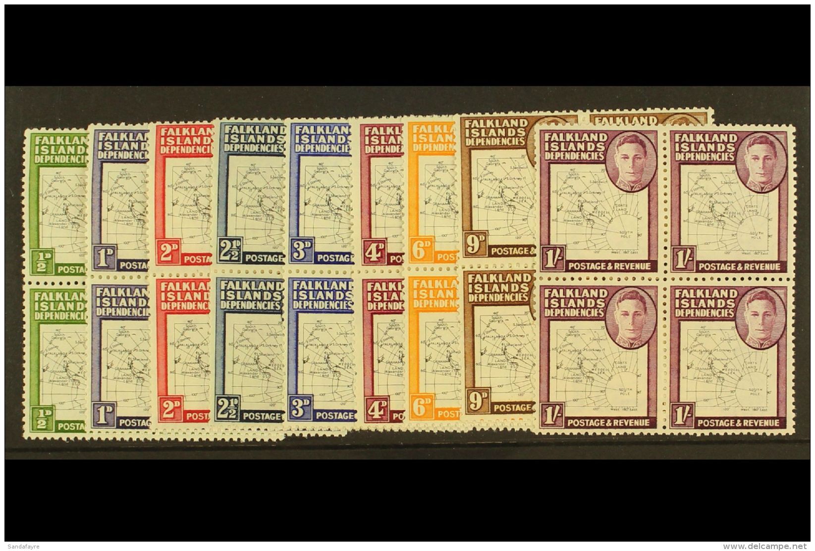 1948 Thin Map Set Complete In Blocks Of 4 With One Stamp In Each Block Showing The Variety "Dot In T", SG G9a/16a,... - Falkland Islands