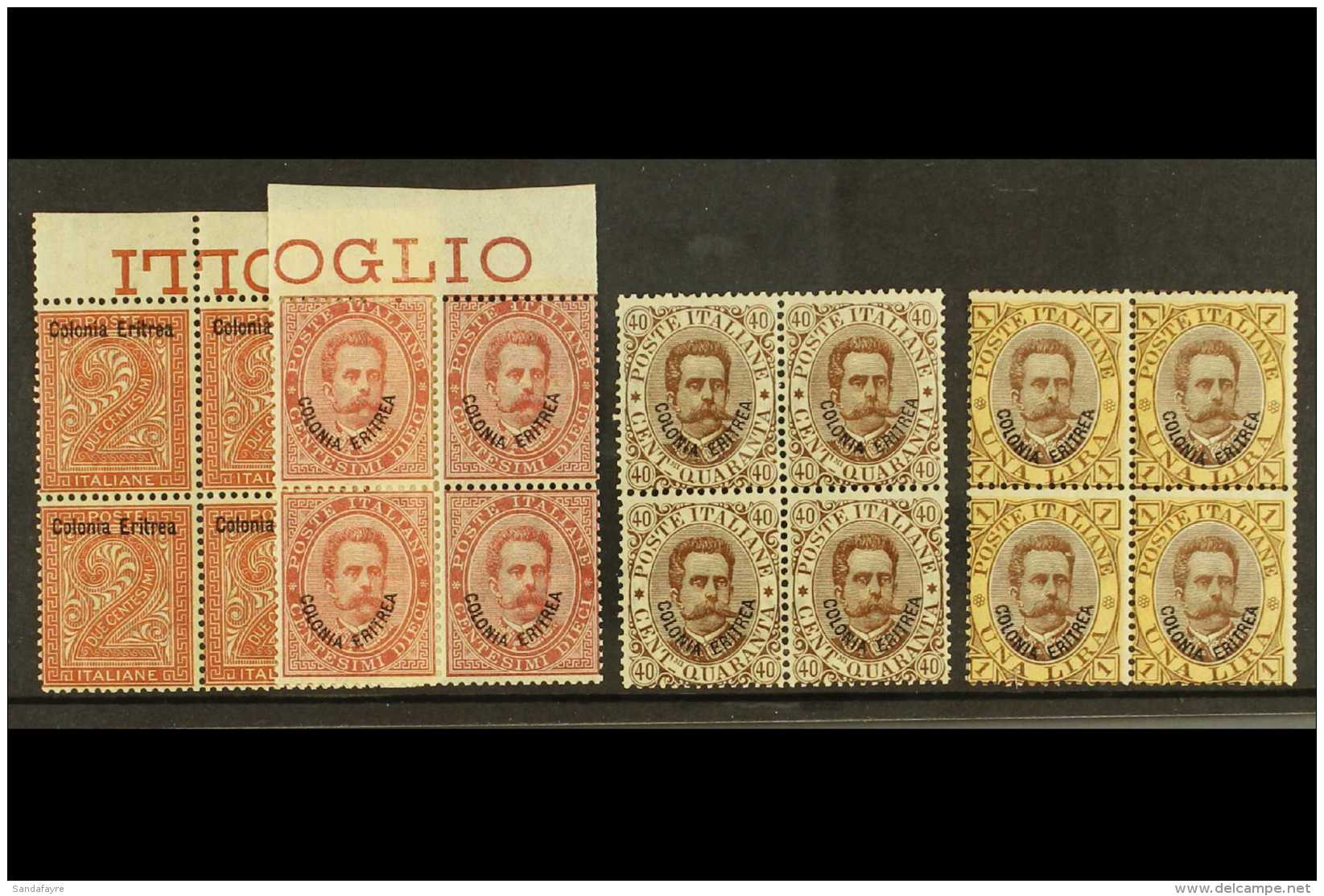 1893 2c Red Brown, 10c Carmine, 40c Brown And 1L Brown And Yellow, Sass 2, 4, 7, 10 In Superb NHM Blocks Of 4.... - Erythrée