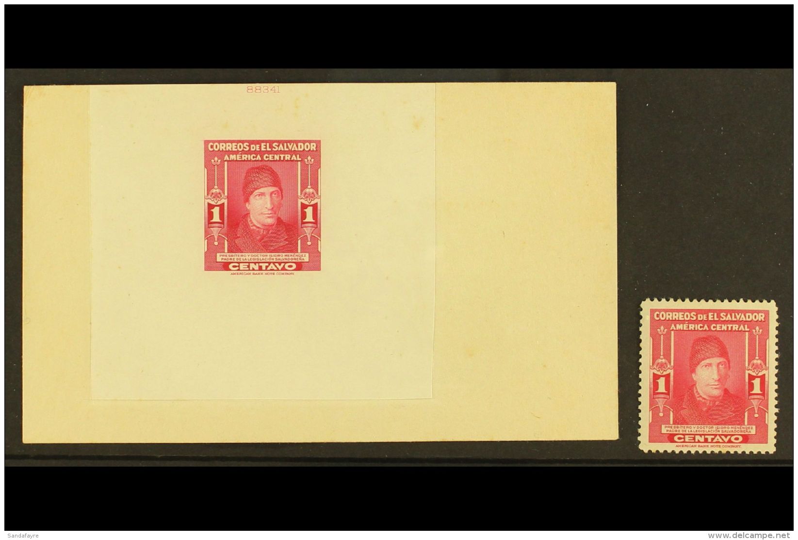 1947 1c Carmine Isidro Menendez (SG 950, Scott 596) - A DIE PROOF Affixed To Sunken Card, With American Bank Note... - El Salvador