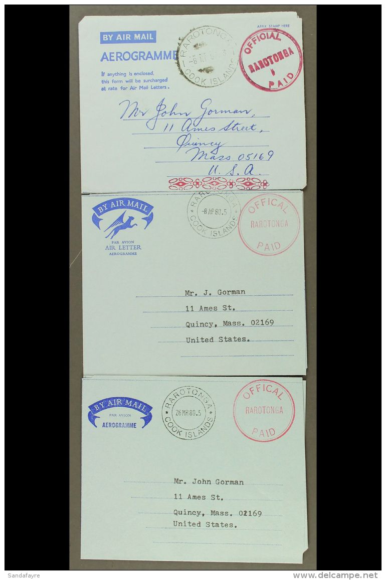 1967-1980 Three Different Formula Aerogrammes With Red "OFFICIAL PAID RAROTONGA" Circular Postmarks And... - Cookinseln