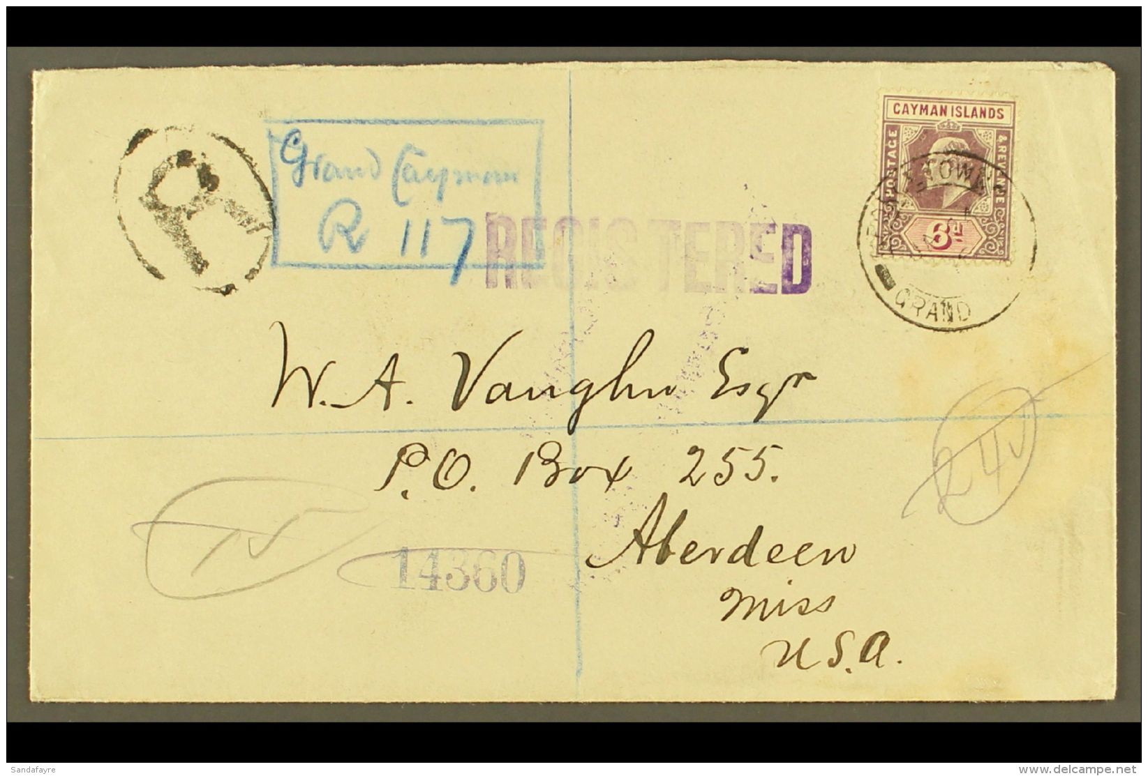 1916 (24 Jan) Registered Cover To USA, Bearing 1907-09 6d Stamp (SG 30) Tied By "George Town" Cds, With... - Cayman Islands