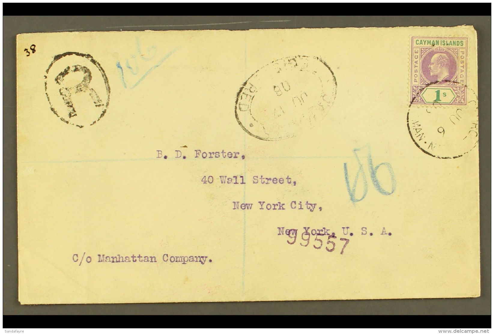 1908 (6 June) Registered Cover To USA, Bearing 1907 1s Stamp (SG 15) Tied By "George Town" Cds, With Registration... - Iles Caïmans