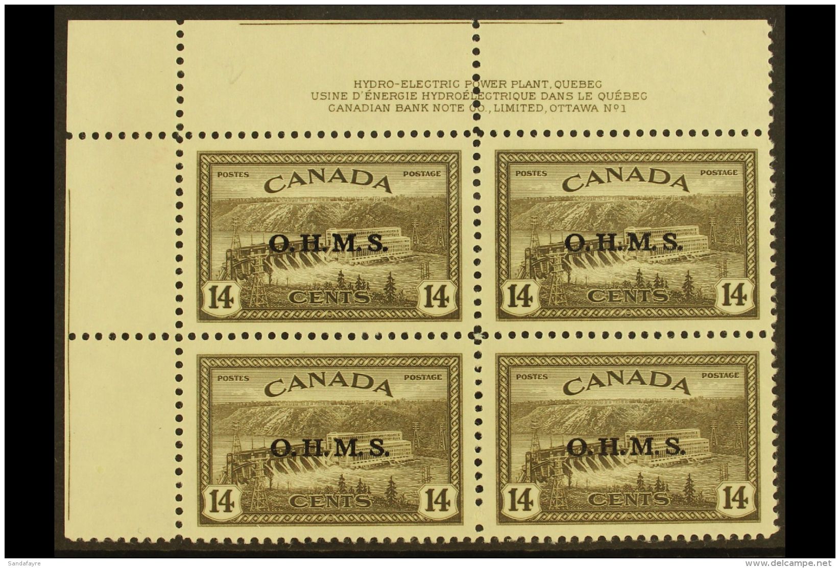 OFFICIALS 1949 14c Sepia "OHMS" Opt'd, SG O167, Never Hinged Mint Imprint Upper Left Corner Block Of 4. Lovely!... - Autres & Non Classés