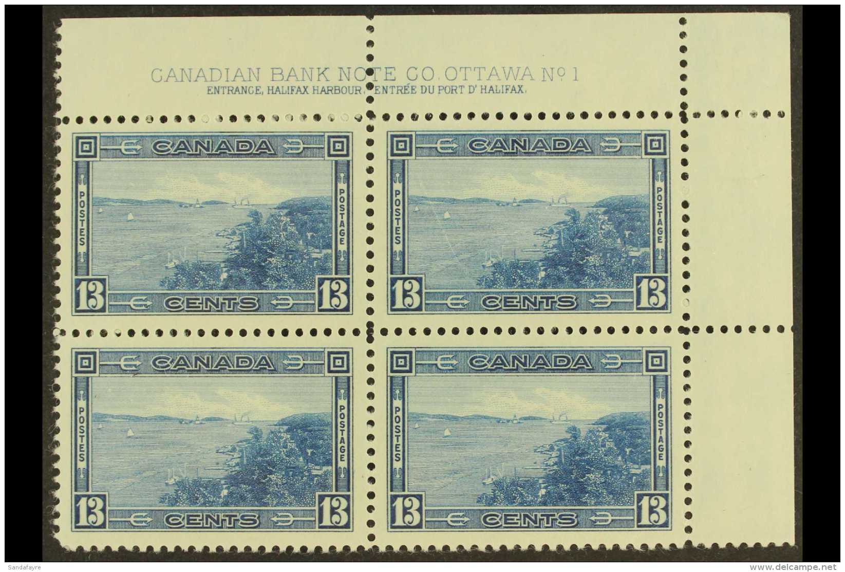 1937-8 13c Blue, Halifax Harbour, Top Right Plate Block Of Four, SG 364, Never Hinged Mint. For More Images,... - Other & Unclassified