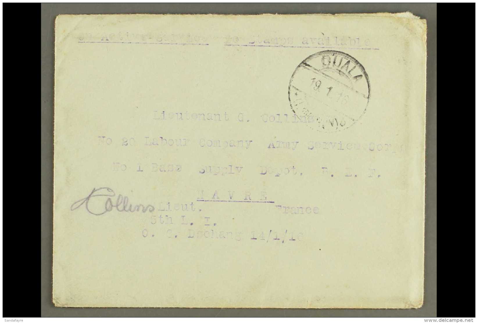1916 (14 Jan) Stampless Env To France Endorsed "On Active Service / No Stamps Available" Sent By Lieut Collins... - Other & Unclassified
