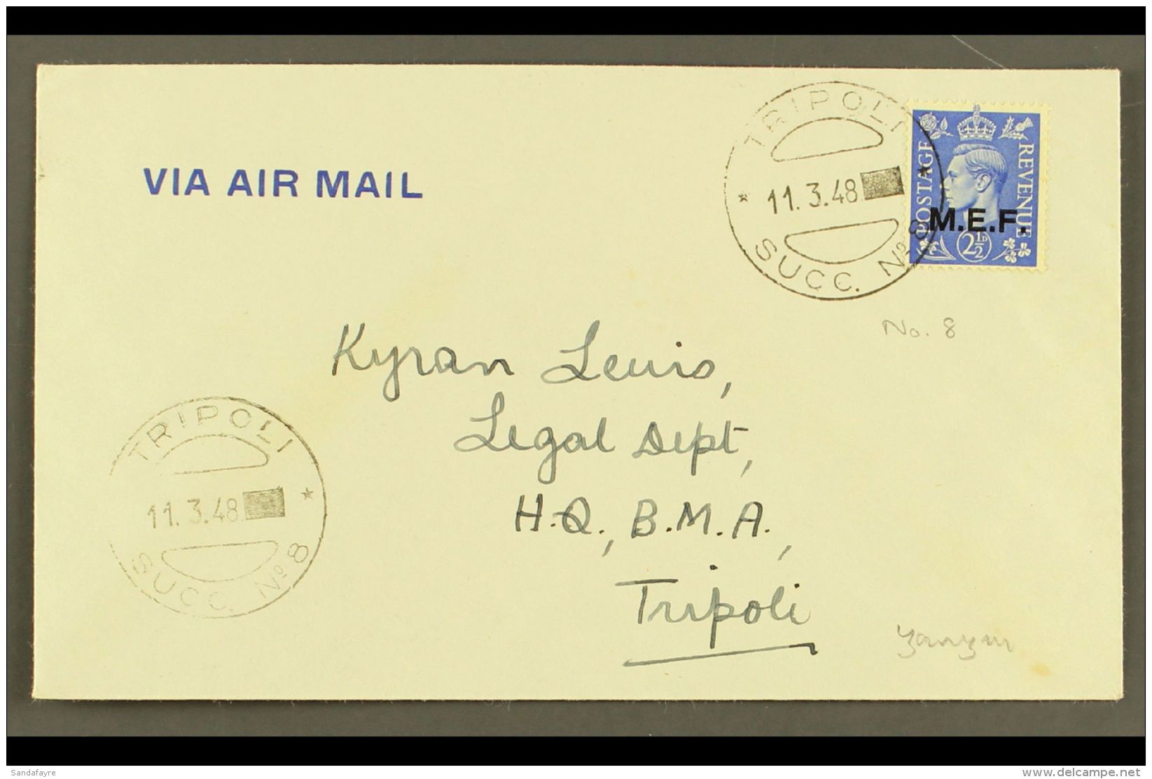 TRIPOLI 1948 Plain Airmail Cover, Local Address, Franked With KGVI 2&frac12;d "M.E.F." Ovpt, SG M13, Clear... - Italian Eastern Africa