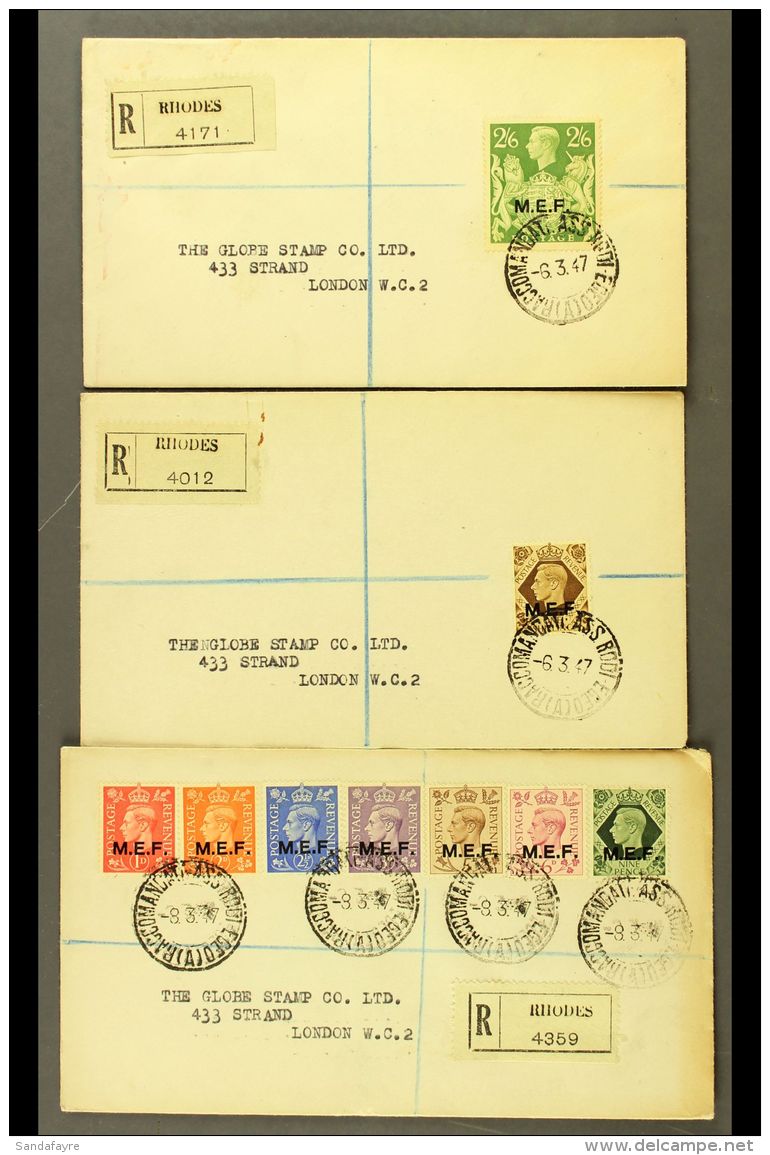 RHODES Three 1947 Registered Covers Franked With KGVI 1d To 9d Values Complete, Single Franking 1s &amp; Single... - Afrique Orientale Italienne