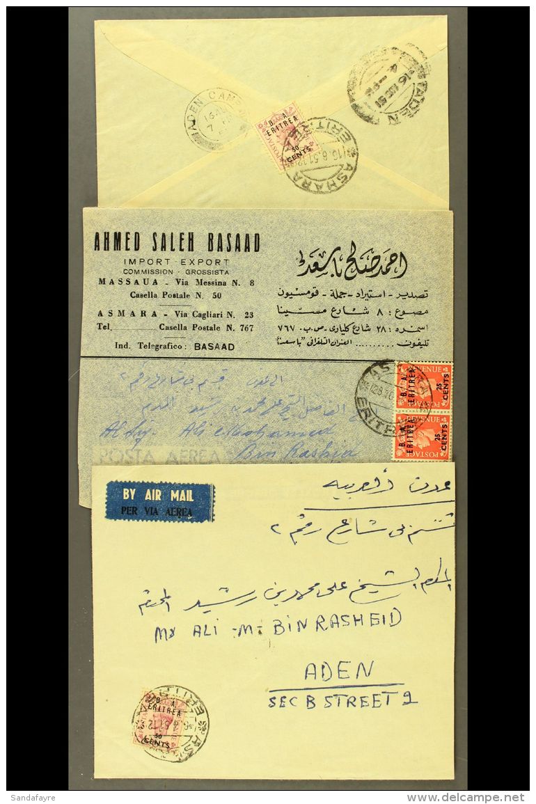 ERITREA Group Of Three Airmailed Covers, All Addressed To Aden, Each Franked 50c Rate (2x 50c On 6d, 1x 25c On... - Afrique Orientale Italienne