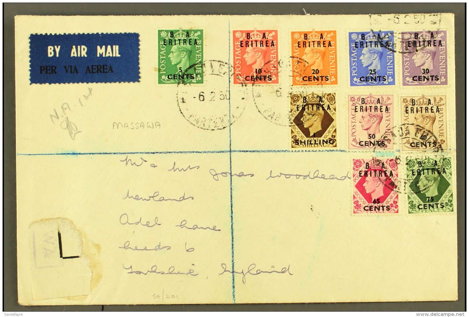 ERITREA 1950 Registered Airmail FIRST DAY Cover To England, Franked KGVI 5c On &frac12;d To 1s On 1s Complete "B.... - Italian Eastern Africa