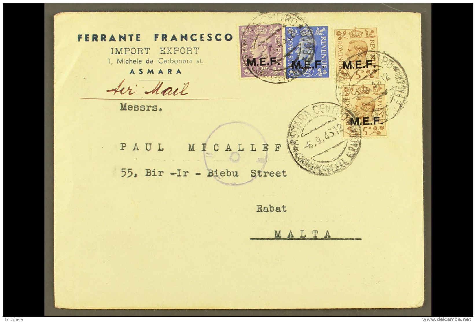 ERITREA 1945 Commercial Cover To Malta, Franked With 2&frac12;d, 3d &amp; 5d Pair Of KGVI "M.E.F." Overprints, SG... - Afrique Orientale Italienne