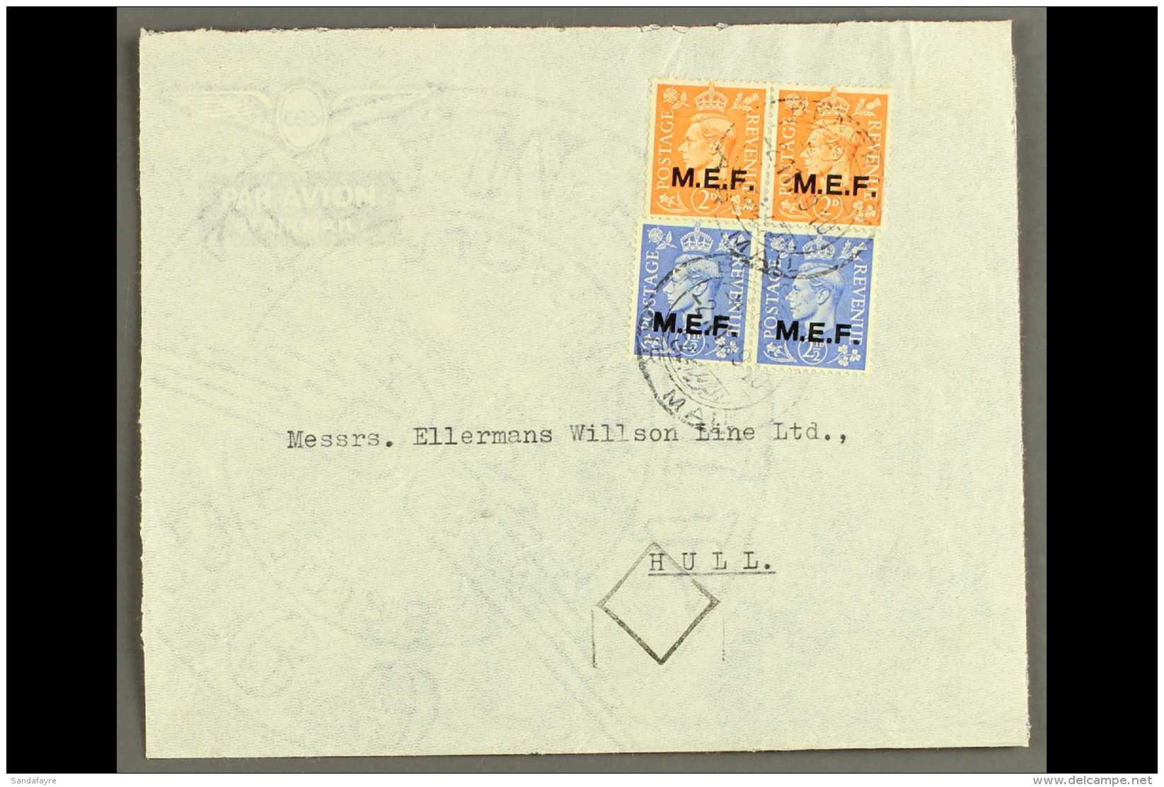 1949 (2 Nov) Commercial Cover To Hull Bearing 2d Pair &amp; 2&frac12;d Pair "MEF" Opts (SG M12/13, Sassone 7/8),... - Afrique Orientale Italienne