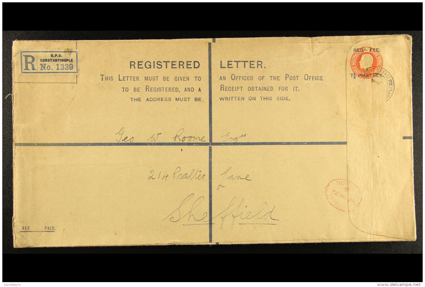 1922 (March 10th) Large Printed Registered Cover To England, Uprated (stamp Missing), Constantinople Reg Tab &amp;... - Levant Britannique