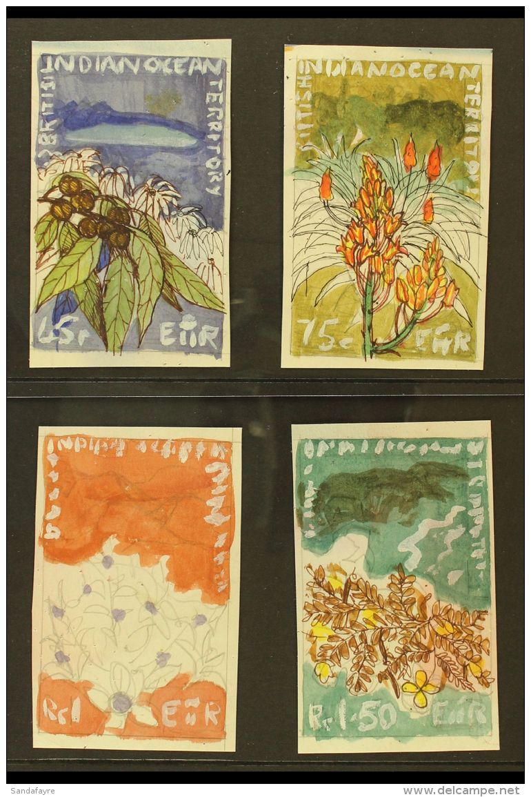 1975 UNIQUE HANDPAINTED ESSAYS For The 1975 Wildlife Issue (SG 77/80) - Four Small Watercolour Paintings By Sylvia... - Territoire Britannique De L'Océan Indien