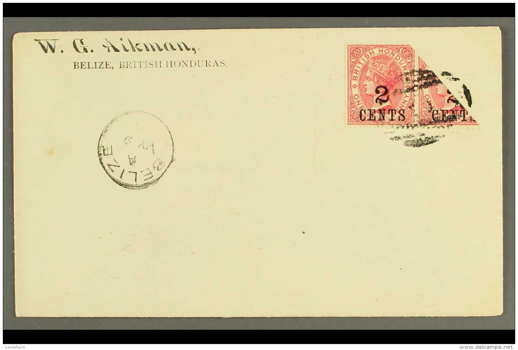 1888 2c On 1d Carmine In Pair With Bisected Stamp (1d), Tied On Untravelled Cover By Barred AO6 Barred Cancel With... - British Honduras (...-1970)
