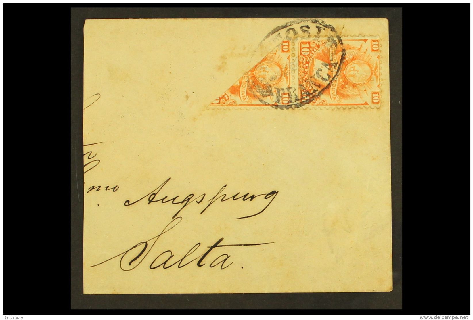 1886 BISECT Part Cover (about 1/3 Missing) Addressed To Salta, Bearing 1878 10c Orange Pair, One Bisected... - Bolivie