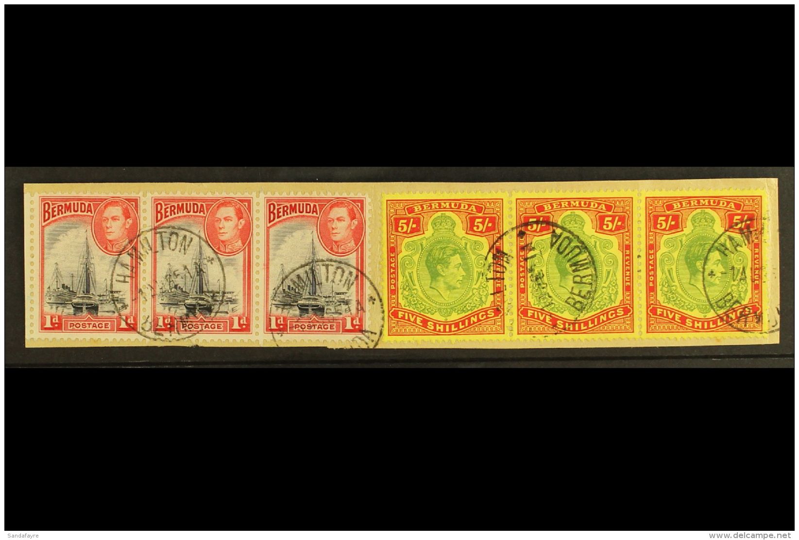 1938-53 5s Yellow-green &amp; Red On Pale Yellow Perf 13 Ordinary Paper, SG 118f, Fine Used Horizontal STRIP Of 3... - Bermudes