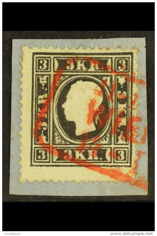 1858 3kr Black Type II, Mi 11 IIb, Superb Tied To Piece By Red Boxed Cancel For More Images, Please Visit... - Autres & Non Classés