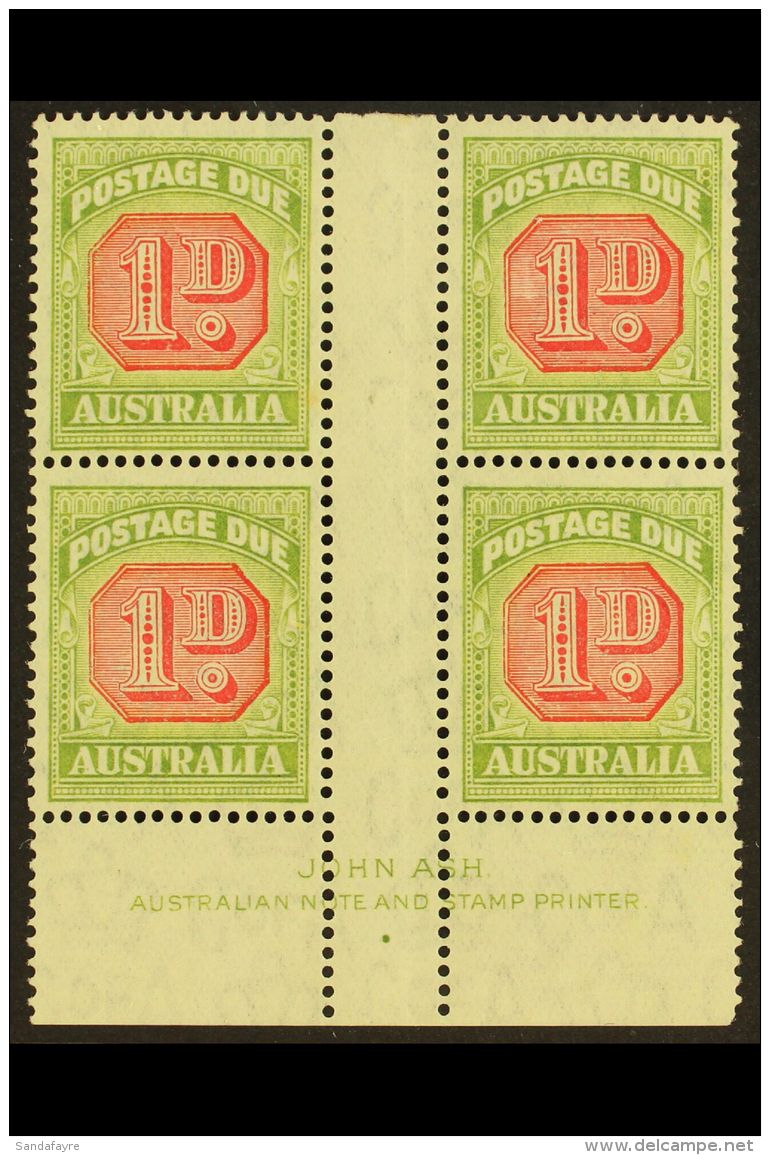 POSTAGE DUES 1938 1d Carmine And Green, SG D113, Marginal Gutter Block Of 4 With John Ash Imprint, Fresh Mint.... - Other & Unclassified