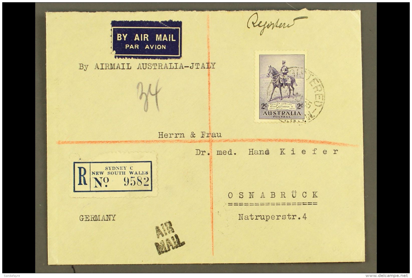 1935 AIRMAIL COVER Addressed To Germany, Sent Via Airmail Service To Italy, Franked 1935 2s Silver Jubilee Issue,... - Andere & Zonder Classificatie