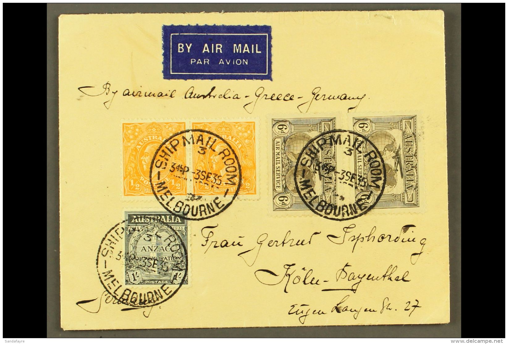 1935 AIRMAIL COVER Addressed To Germany, Sent Via Airmail Service To Germany, Via Greece, Franked 2x 1931 6d Sepia... - Other & Unclassified