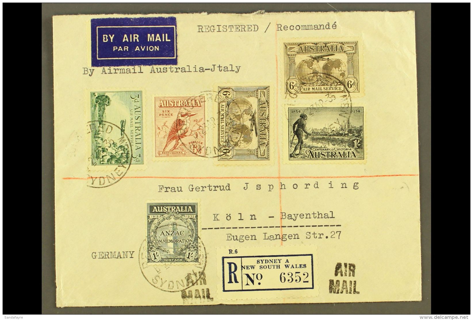 1935 AIRMAIL COVER Addressed To Germany, Sent Via Airmail Service To Italy, Franked 1929 3d &amp; 2x 1931 6d Sepia... - Other & Unclassified