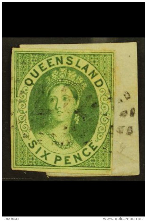 QUEENSLAND 1860 6d Green Imperf, Wmk Large Star, SG 3, Used Tied To Small Piece By Light "37" Cancellation With 3... - Autres & Non Classés