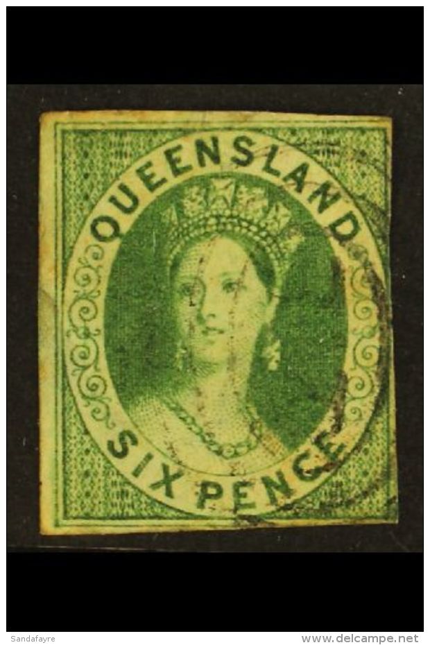 QUEENSLAND 1860 6d Green Imperf, SG 3, Used, Tiny Thin, 2+ Margins, Cat &pound;800. For More Images, Please Visit... - Autres & Non Classés