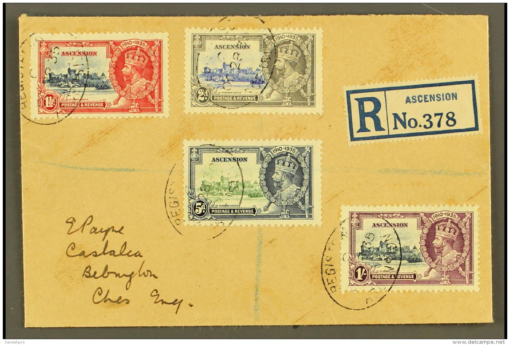 1935 Silver Jubilee Complete Set, SG 31/35, Fine Used On Reg Cover To England, Tied By Oval REGISTERED / ASCENSION... - Ascension (Ile De L')