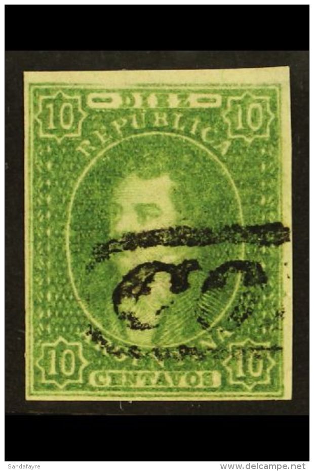 1864 10c Green Rivadavia Imperf On Watermarked Paper (Scott 9, SG 14), Very Finely Used, Four Margins, Tiny Corner... - Other & Unclassified