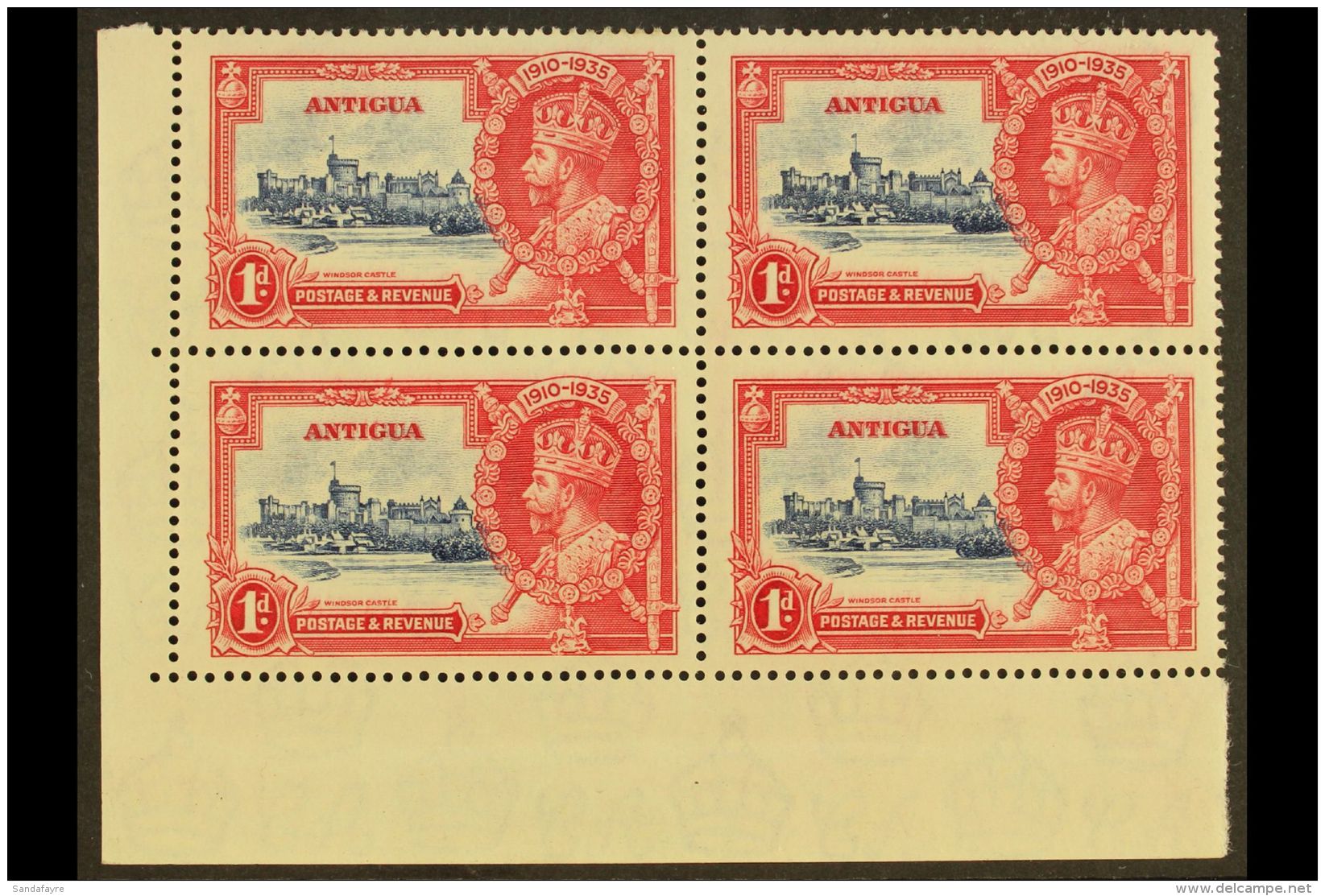 1935 1d Deep Blue And Carmine, Silver Jubilee, Corner Block Of 4, One Value Showing The Variety "Diagonal Line By... - Sonstige & Ohne Zuordnung