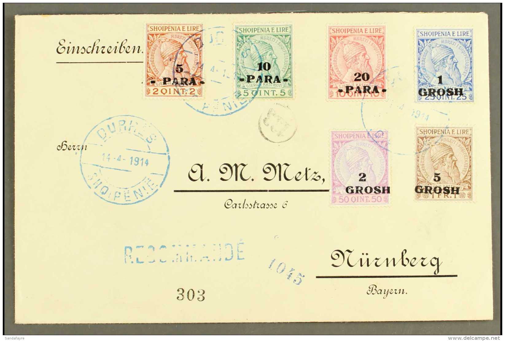 1914 (14 Apr) Registered Cover To Germany Bearing 1914 Surcharges Complete Set (Michel 41/46, SG 40/45) Tied By... - Albanie