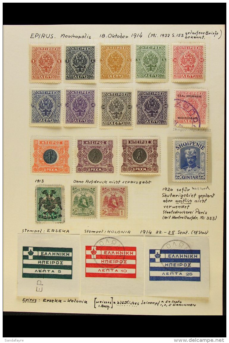 1913-1922 ATTRACTIVE COLLECTION WITH LOCAL ISSUES. Mint &amp; Used Stamps On Leaves, Inc 1913 10pa Eagle Opt Used,... - Albanie