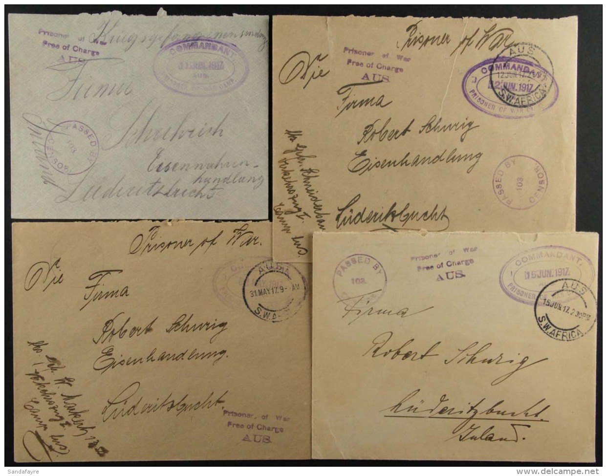 WWI POW MAIL FROM SOUTH WEST AFRICA. Covers From The Same 1917-18 Correspondence From A POW At Aus To... - Sonstige & Ohne Zuordnung