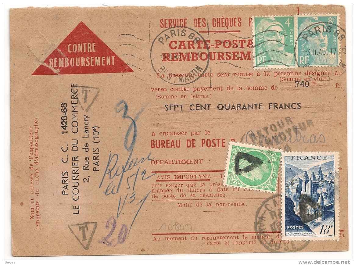 RARE AINSI, TAXE 20 F Sur CARTE POSTALE REMBOURSEMENT Affranchissement GANDON 12F. PARIS 88. Bd ST MARTIN. - 1859-1959 Lettres & Documents