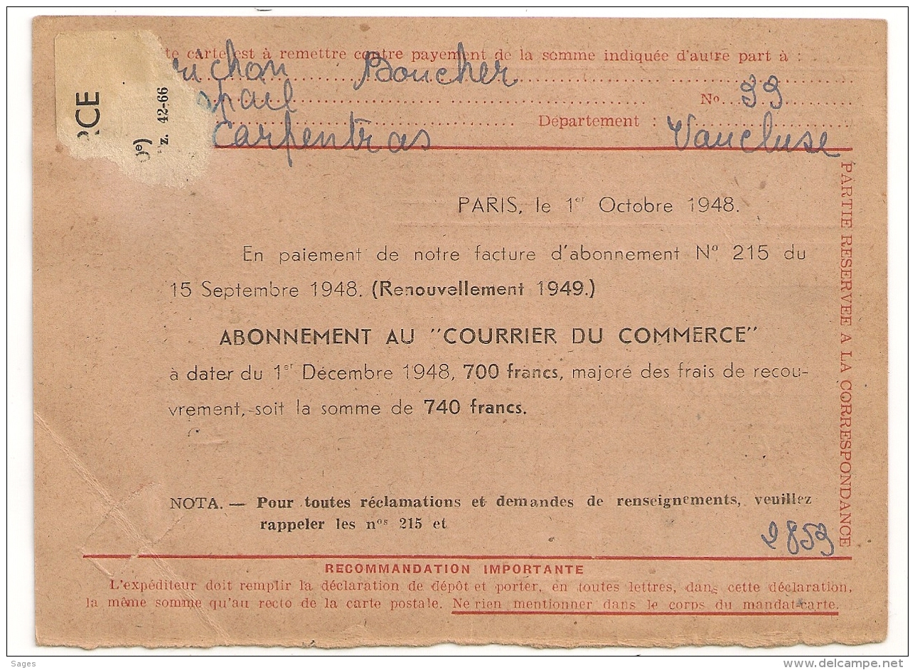 RARE AINSI, TAXE 20 F Sur CARTE POSTALE REMBOURSEMENT Affranchissement GANDON 12F. PARIS 88. Bd ST MARTIN. - 1859-1959 Lettres & Documents