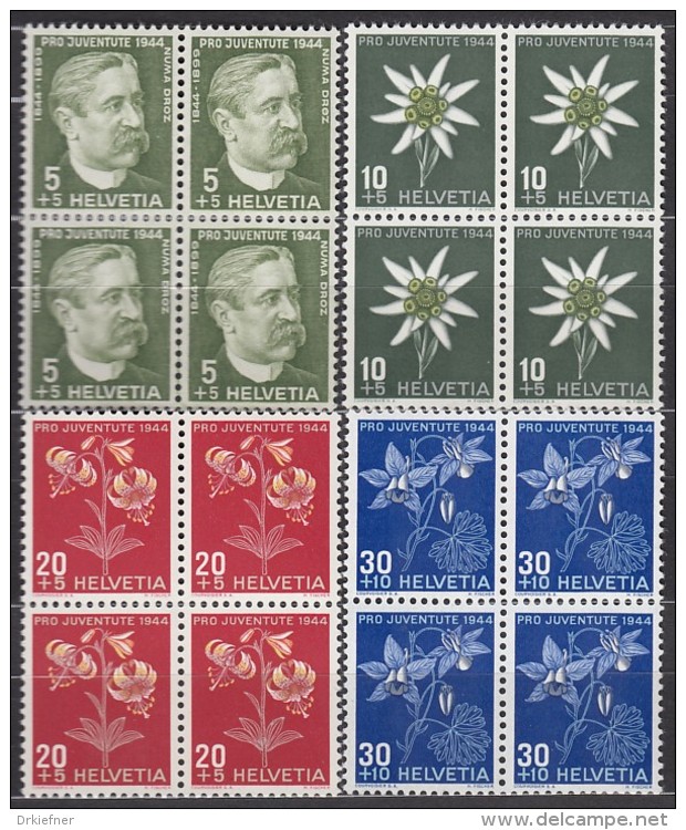 SCHWEIZ 439-442, Viererblock, Postfrisch **, Pro Juventute Alpenblumen 1944, Mit 441 IV, 442 I - Ungebraucht