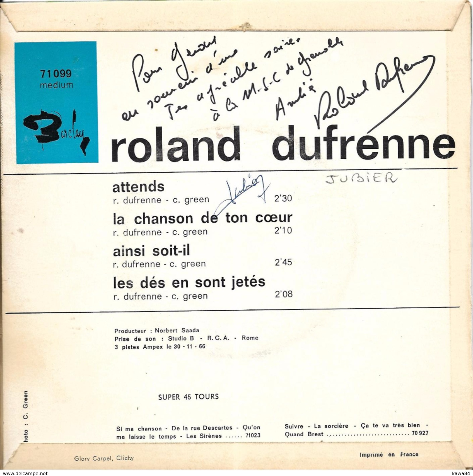 EP 45 RPM (7")  Roland Dufrenne " Attends " - Altri - Francese